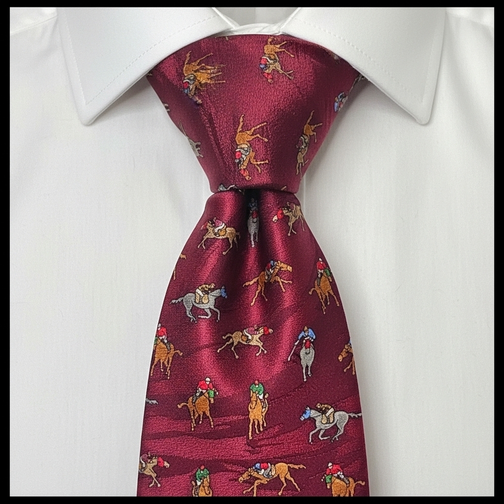 Museum Artifacts 100% Silk Tie Equestrian‎ Polo Horse Derby Racing Burgundy Vtg